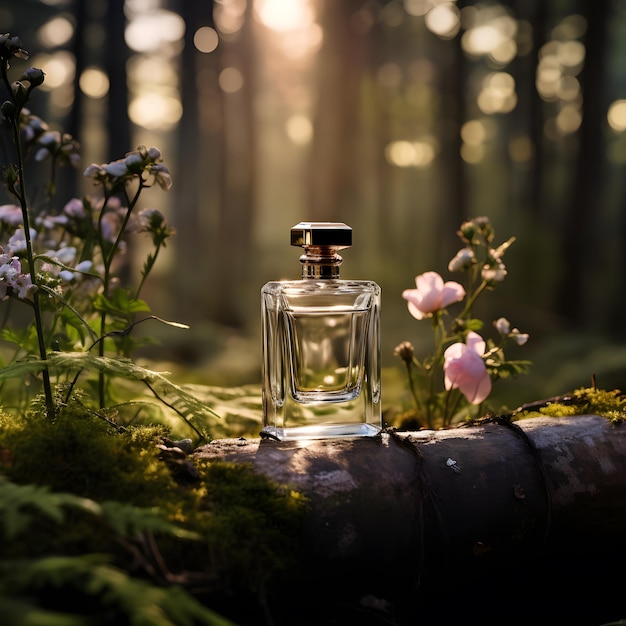 Perfume bottle with daisy flowers in the garden on green moss in the forest