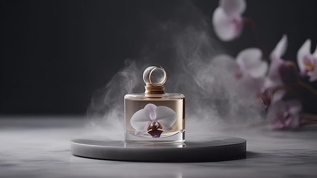 A perfume bottle with a flower in it and a smoke coming out of it