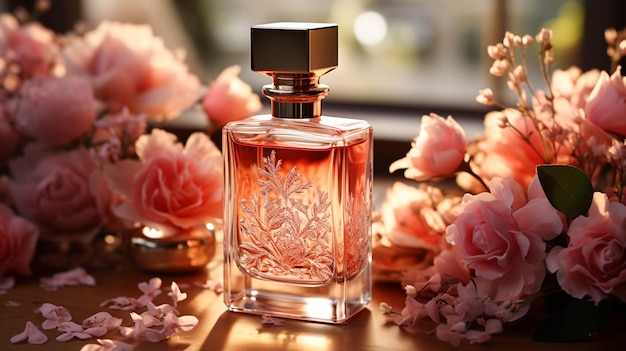 парфюмерная бутылка с цветочной вазой на столе