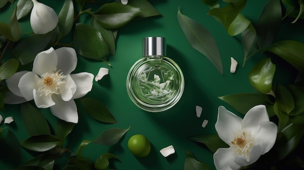 perfume bottle with flowers and copy space