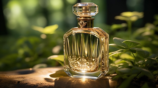 Perfume bottle with flowers on the ground in the forest at sunset