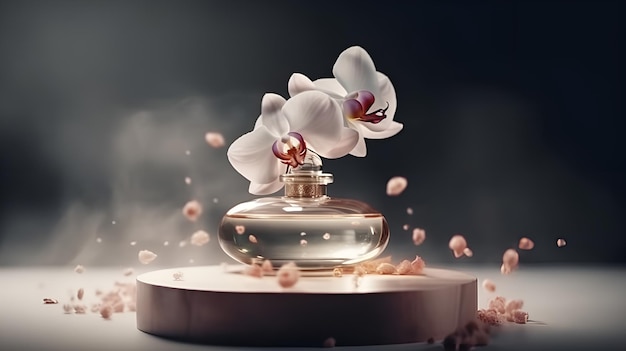 A perfume bottle with flowers on it