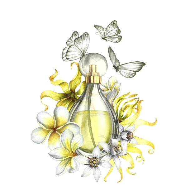 プラウメリアの花を飾った香水のボトル オレンジの花 ヤランギランの水彩画