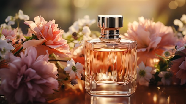 Фото Парфюмерная бутылка с свежими цветами на размытом фоне парфюмерный аромат парфюмерия в бутылке на фоне с бобоке и размытыми цветами парфюмный аромат аромат