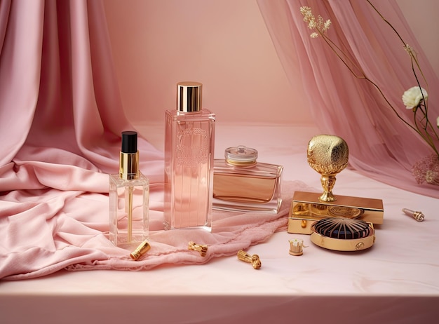 Флакон духов с косметикой для макияжа на фоне розовой шелковой ткани