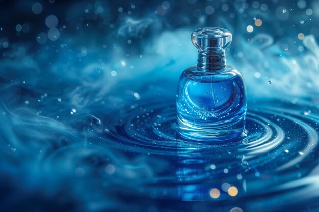 Foto bottiglia di profumo con fumo blu mistico