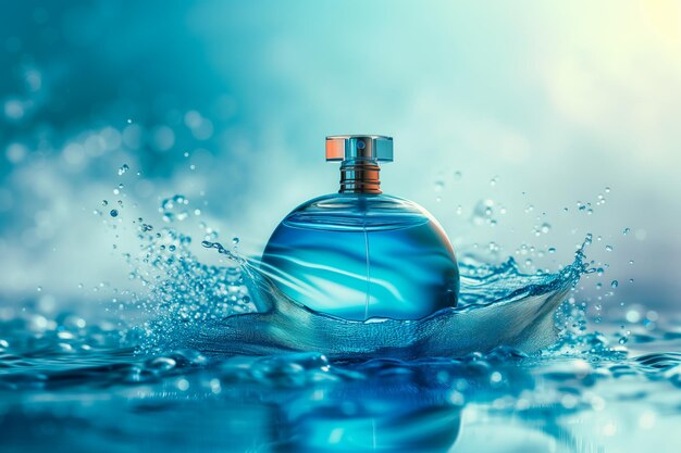 Foto bottiglia di profumo con fumo blu mistico