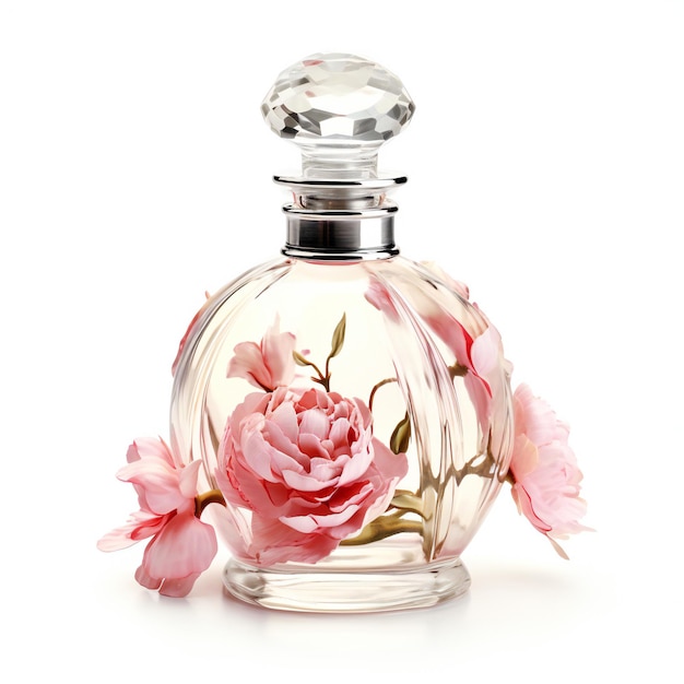 Perfume bottle with pink flowers isolated on a white background