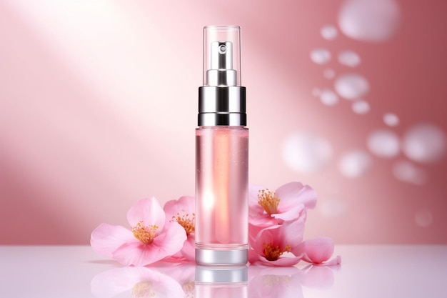 perfume bottle with pink flowers on a pink background