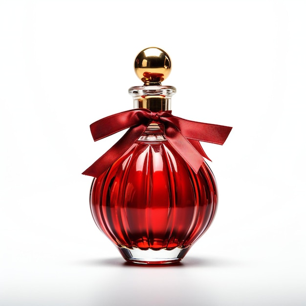 Perfume bottle with red bow isolated on white background