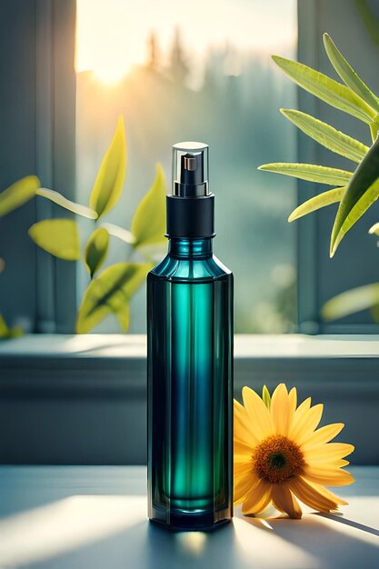 Perfume bottle with red flower on wooden table in sunlight