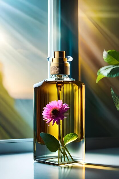 Perfume bottle with red flower on wooden table in sunlight