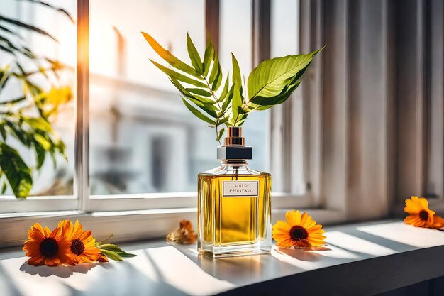 Perfume bottle with red flower on wooden table in sunlight