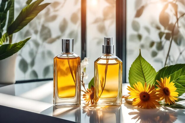 Perfume bottle with red flower on wooden table in sunlight