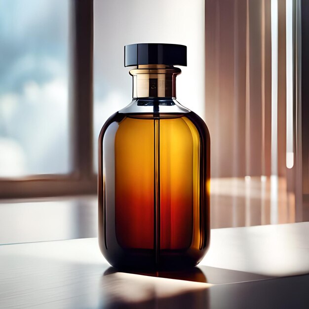 Perfume bottle with red flower on wooden table in sunlight