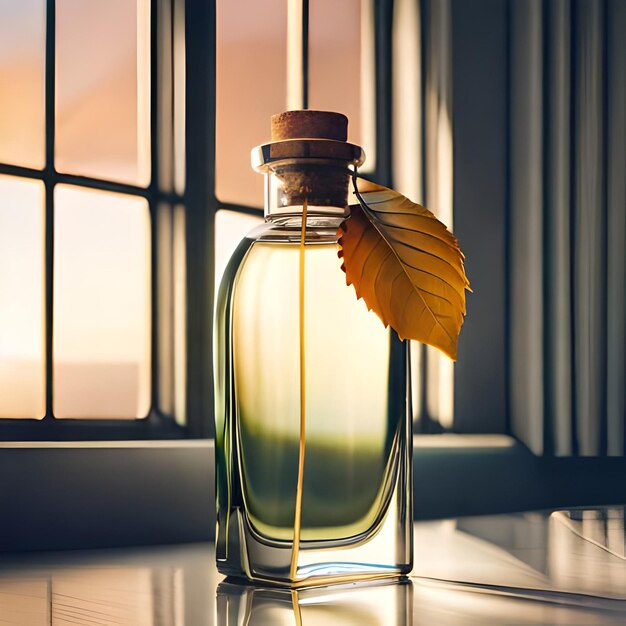 Perfume bottle with red flower on wooden table in sunlight