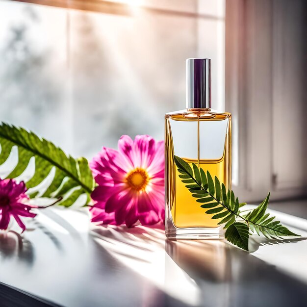 Perfume bottle with red flower on wooden table in sunlight