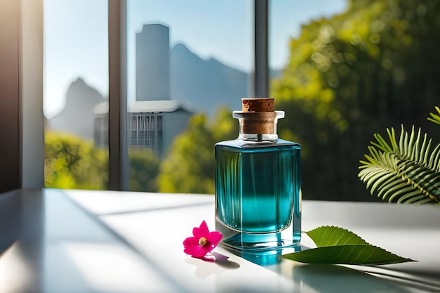 Perfume bottle with red flower on wooden table in sunlight