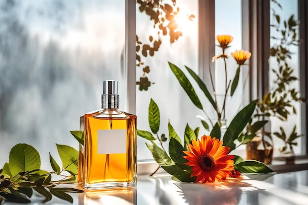 Perfume bottle with red flower on wooden table in sunlight