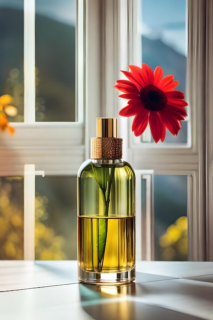 Perfume bottle with red flower on wooden table in sunlight