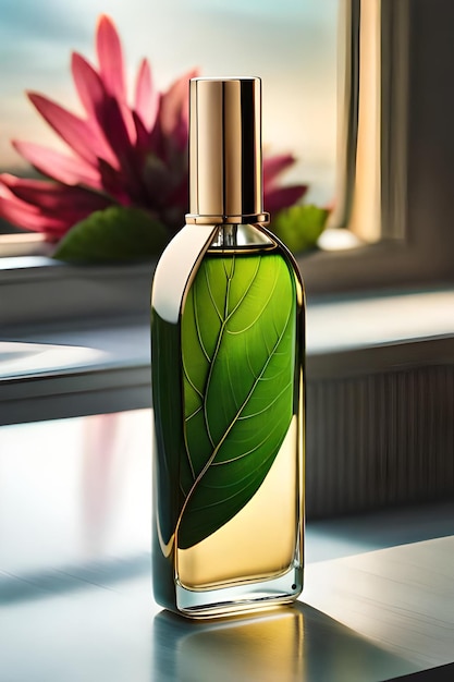 Perfume bottle with red flower on wooden table in sunlight