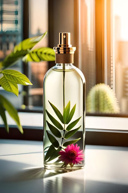 Perfume bottle with red flower on wooden table in sunlight