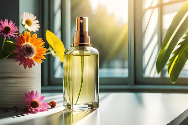 Perfume bottle with red flower on wooden table in sunlight