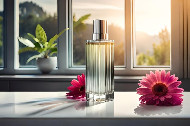 Perfume bottle with red flower on wooden table in sunlight