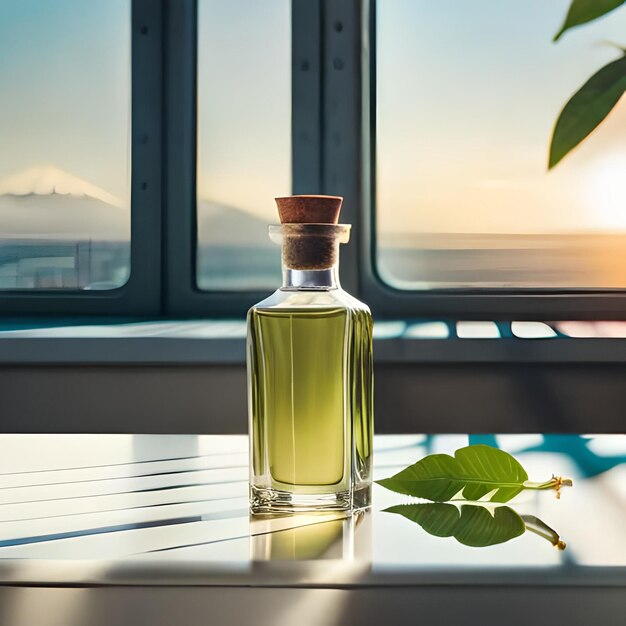 Perfume bottle with red flower on wooden table in sunlight