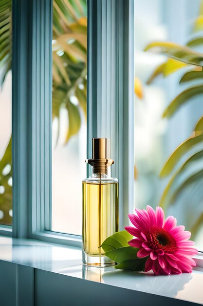 Perfume bottle with red flower on wooden table in sunlight