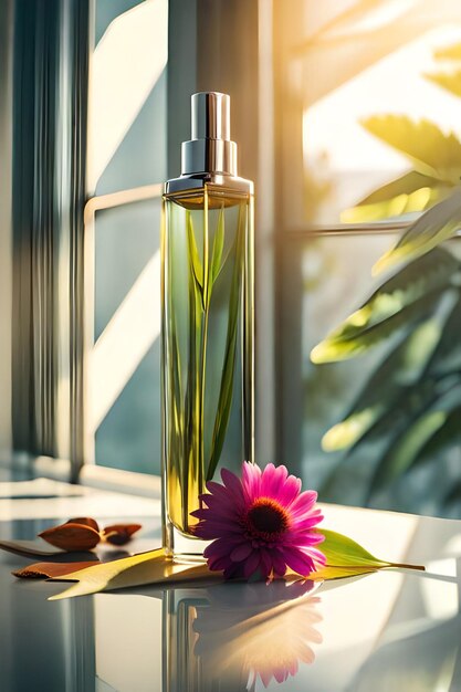 Perfume bottle with red flower on wooden table in sunlight