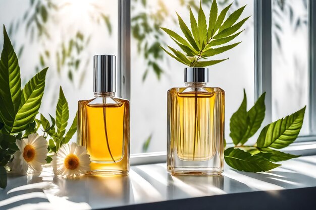 Perfume bottle with red flower on wooden table in sunlight