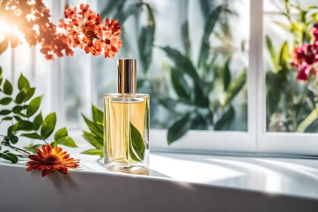 Perfume bottle with red flower on wooden table in sunlight