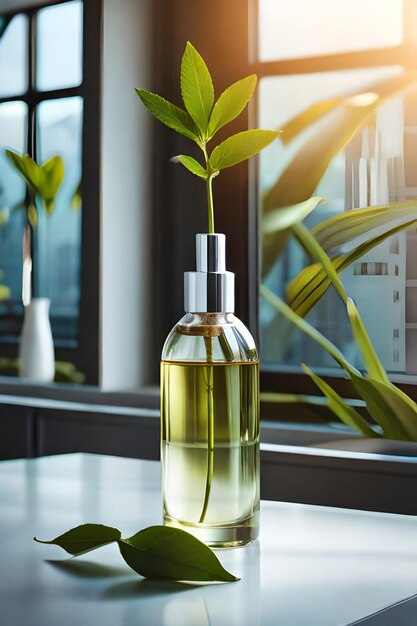 Perfume bottle with red flower on wooden table in sunlight