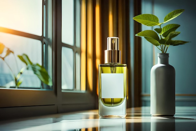 Perfume bottle with red flower on wooden table in sunlight