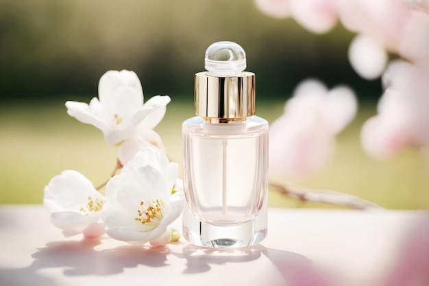 Perfume bottle with refreshing eau de toilette with floral fragrance on table with blooming sakura