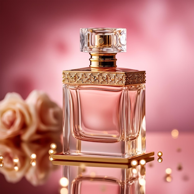 Perfume bottle with rose flower on pink background