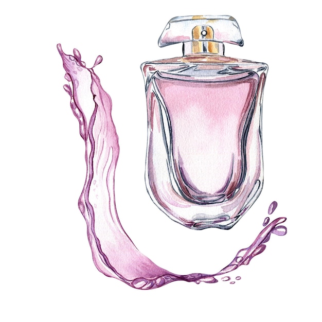Perfume bottle with water splash watercolor illustration isolated