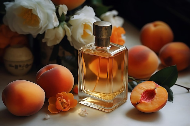 Perfume bottle with white flowers and peaches on dark background