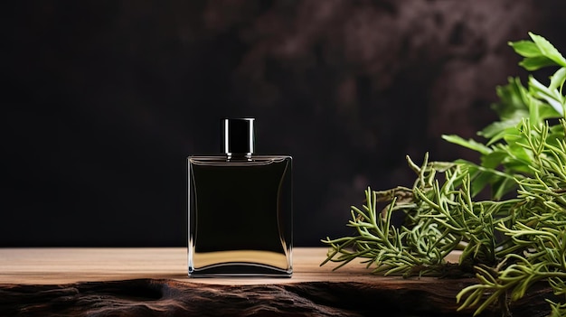 Perfume bottle on wooden table with plant background for mockup design