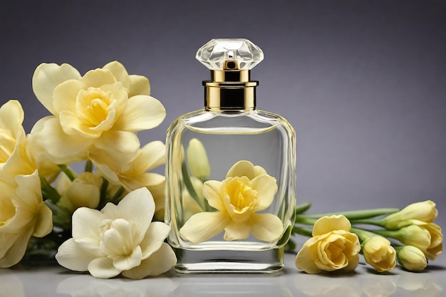 Perfume bottle and yellow narcissus flowers on grey background