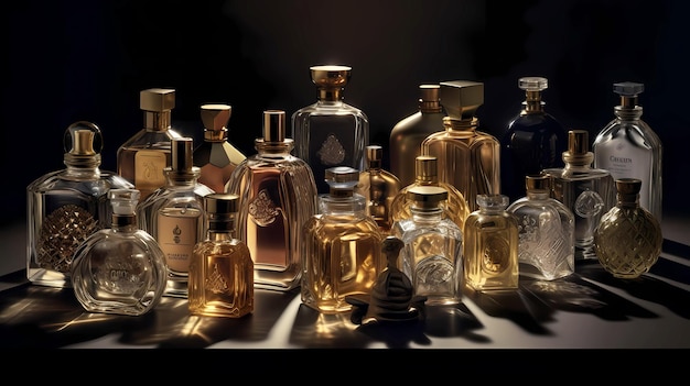 Perfume bottles on a dark background straight view