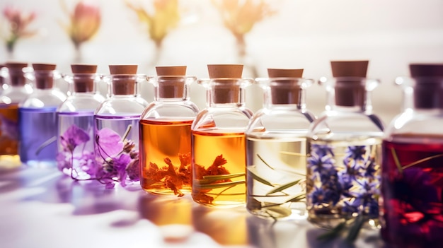Photo perfume bottles and flacons essences aromas splashes and tropical flowers perfume industry concept