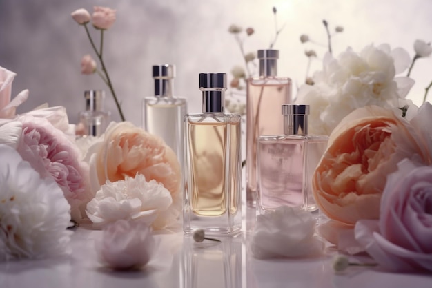 Perfume bottles flowers and leaves on light background Generative AI