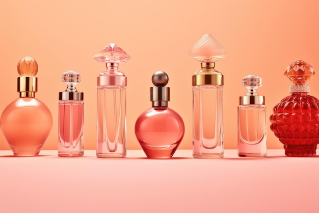 Perfume bottles a lot of transparent multicolored glass bottles of cosmetics on a pink background ai generative