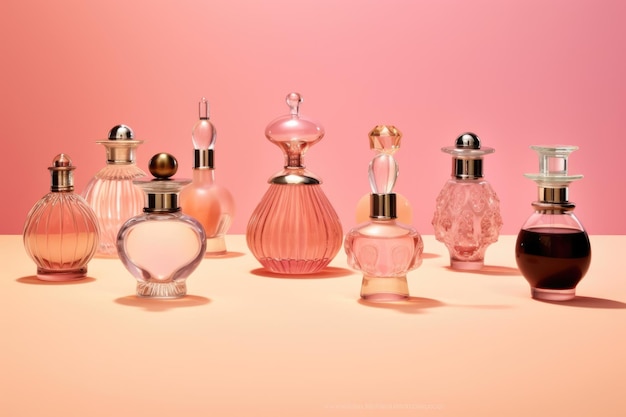 Perfume bottles a lot of transparent multicolored glass bottles of cosmetics on a pink background ai generative