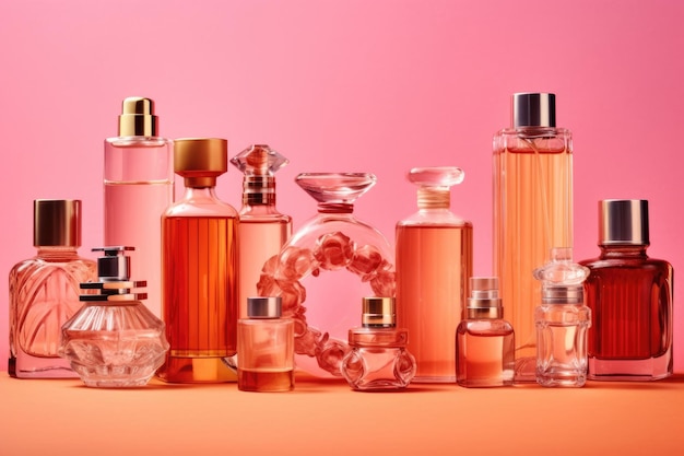 Perfume bottles a lot of transparent multicolored glass bottles of cosmetics on a pink background ai generative