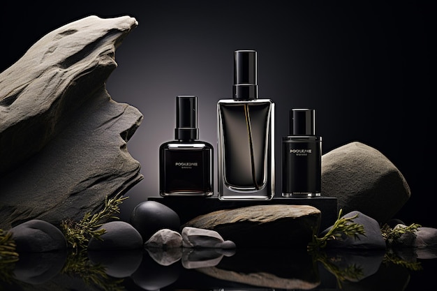 perfume bottles mockup on the dark tone nature background for your product