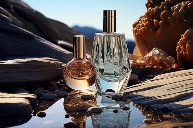 perfume bottles mockup on the rock sunlight nature background