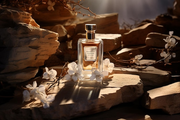 perfume bottles mockup on the rock sunlight nature background